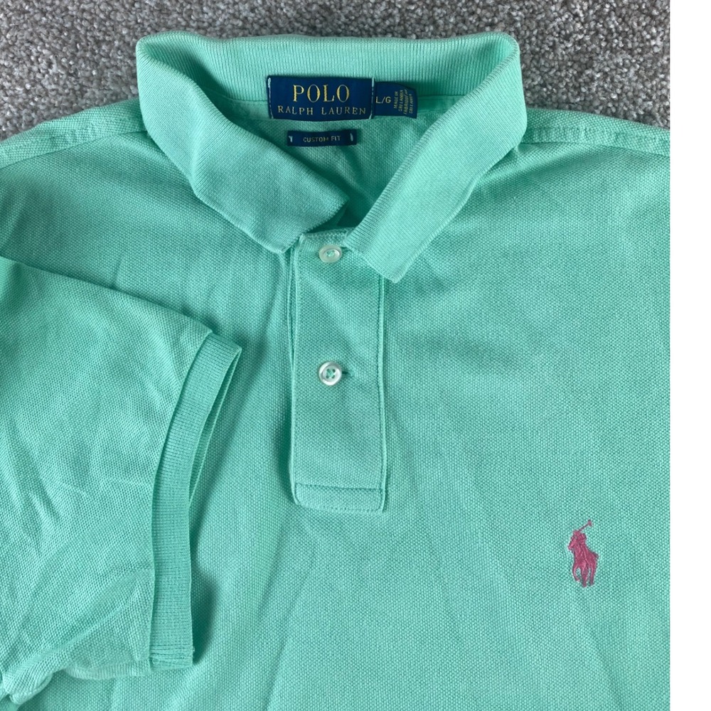 Polo Ralph Lauren Mens Large Polo Shirt Mint Green Cotton Pink Pony Preppy Work